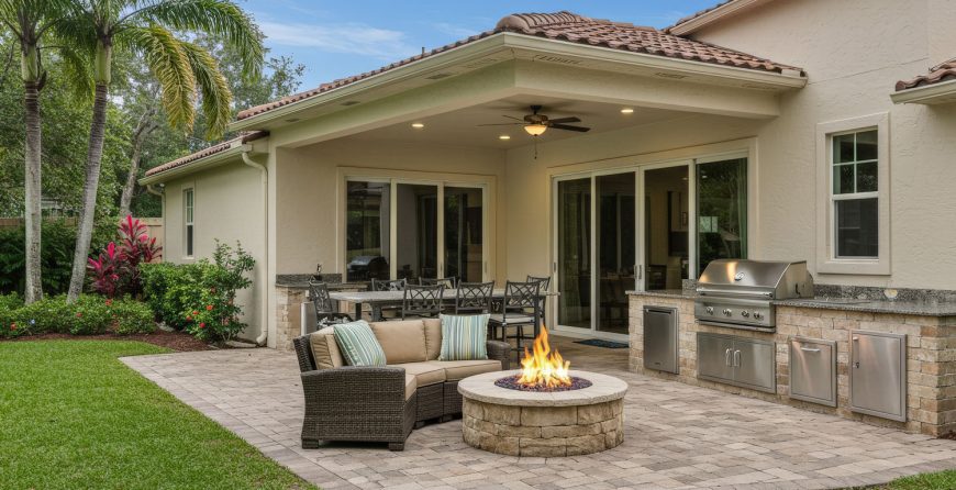 A cozy patio featuring a fire pit surrounded by a comfortable couch.